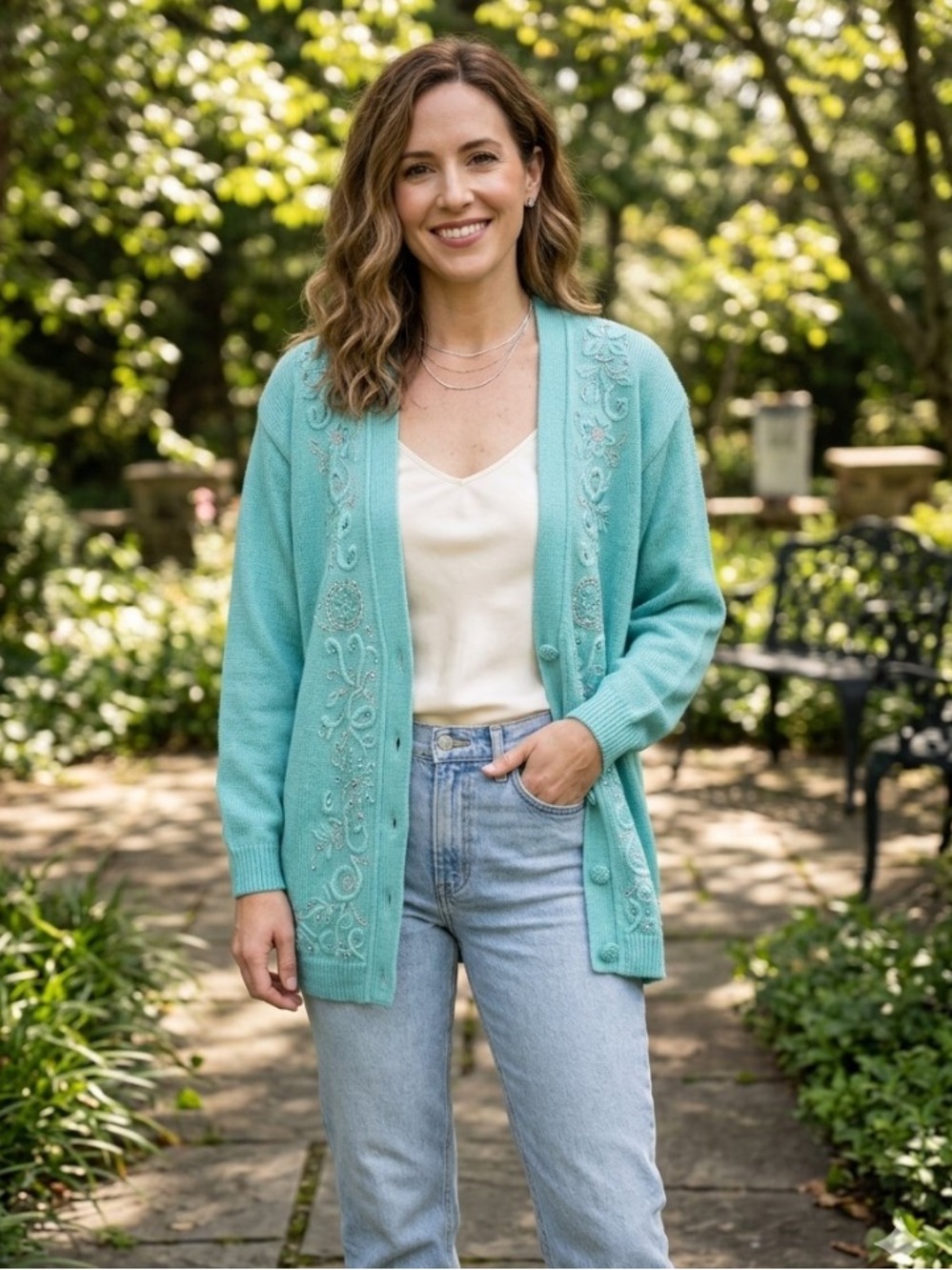 Vintage Jaclyn Smith Turquoise Beaded Embroidered Cardigan Sweater Size M
